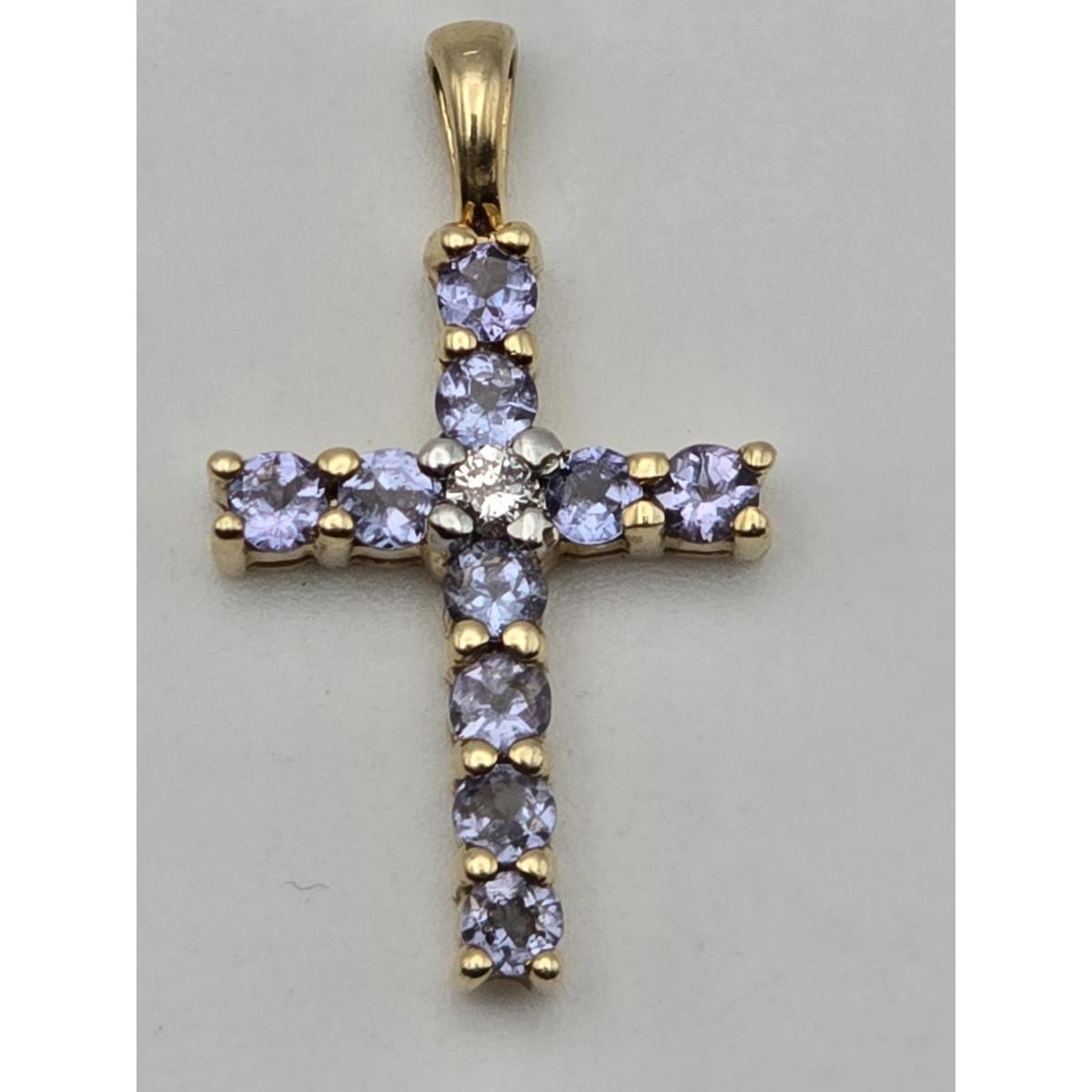 14k Yellow Gold Cross Pendant Diamond Center W 10 Amethyst